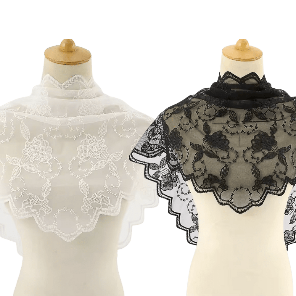 Rose Pattern Embroidered Lace Mantilla Veil — Black or White - JMJ Catholic Productsvariant