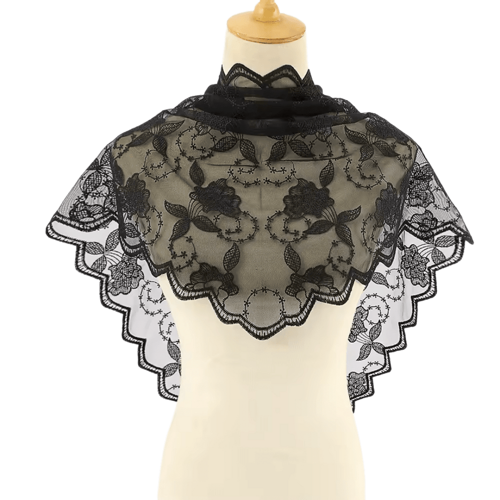 Rose Pattern Embroidered Lace Mantilla Veil — Black or White - JMJ Catholic Productsvariant