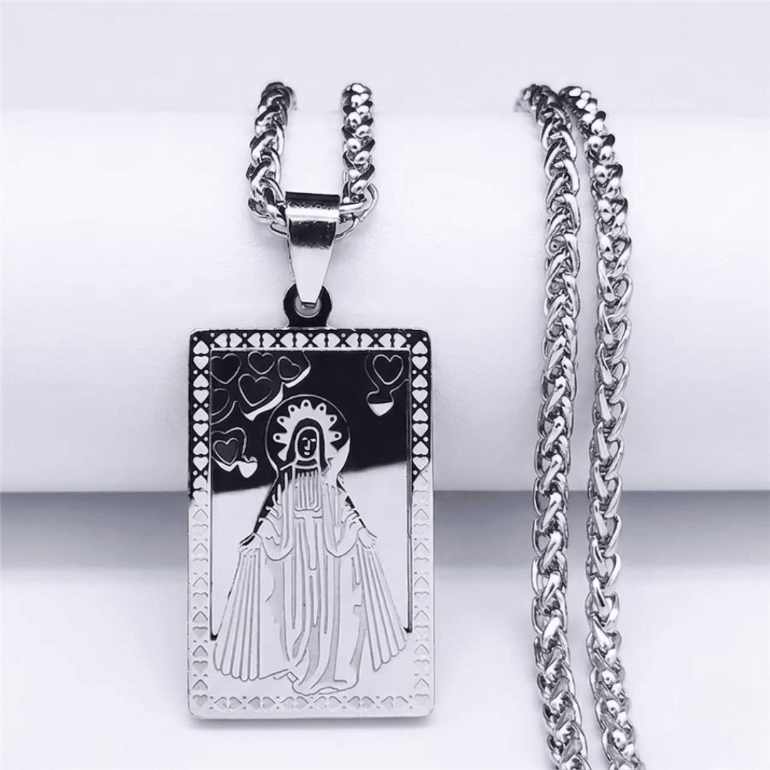 Sacred Heart of Mary Scapular Medal Necklace — Silver Stainless Steel