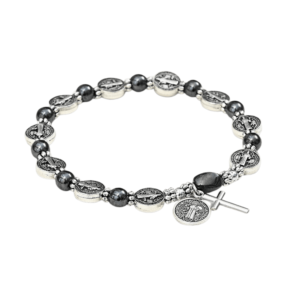 Saint Benedict Hematite Beaded Bracelet – Black (Elastic) - JMJ Catholic Productsvariant