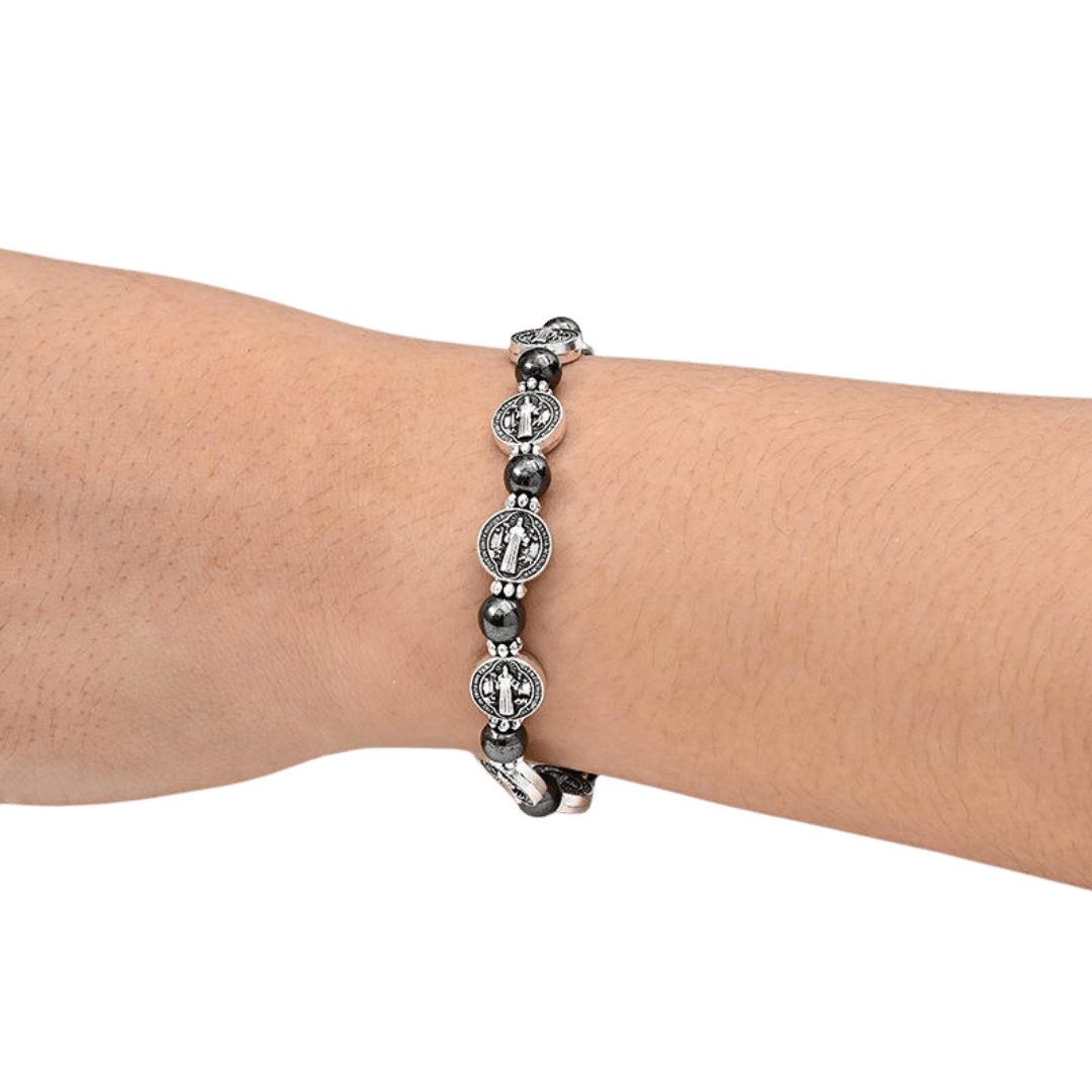Saint Benedict Hematite Beaded Bracelet – Black (Elastic) - JMJ Catholic Productsvariant