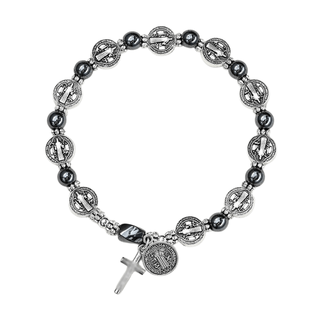 Saint Benedict Hematite Beaded Bracelet – Black (Elastic) - JMJ Catholic Productsvariant
