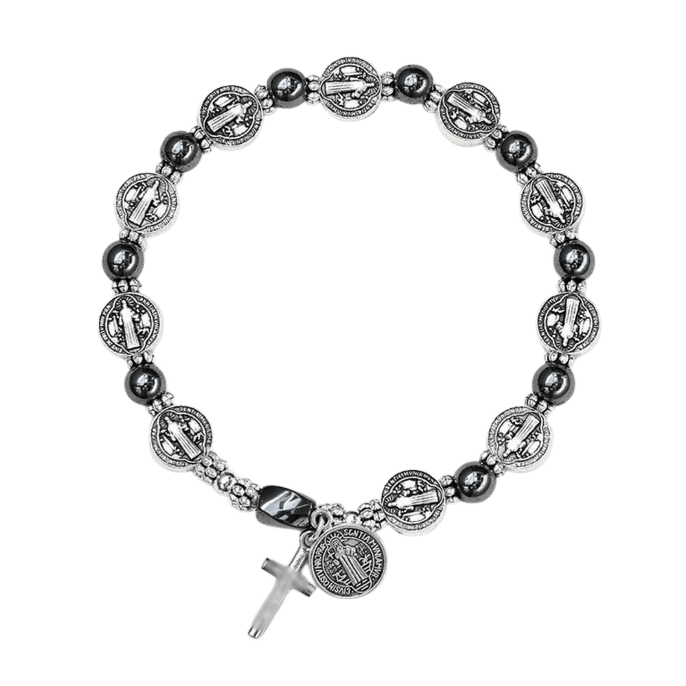 Saint Benedict Hematite Beaded Bracelet – Black (Elastic) - JMJ Catholic Productsvariant