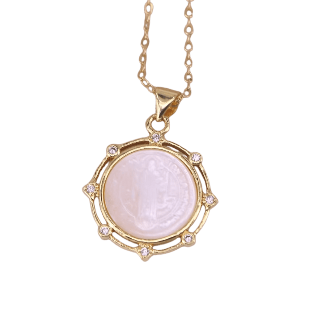 Saint Benedict Medal Mother-of-Pearl Medal Necklace – Zircon Detail & Gold Plating - JMJ Catholic Productsvariant