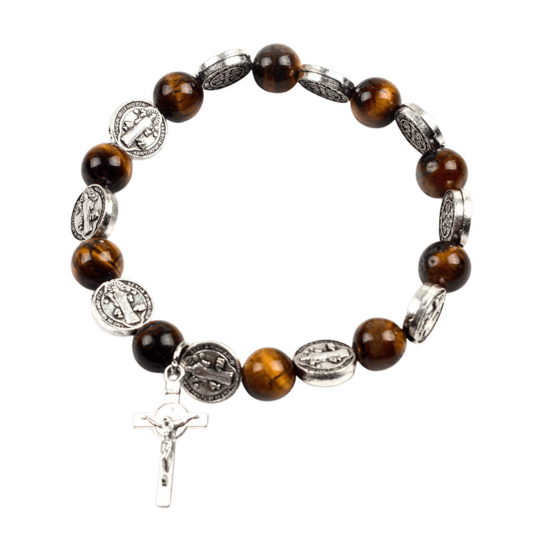 Saint Benedict Tiger Eye Rosary Bracelet - JMJ Catholic Productsvariant