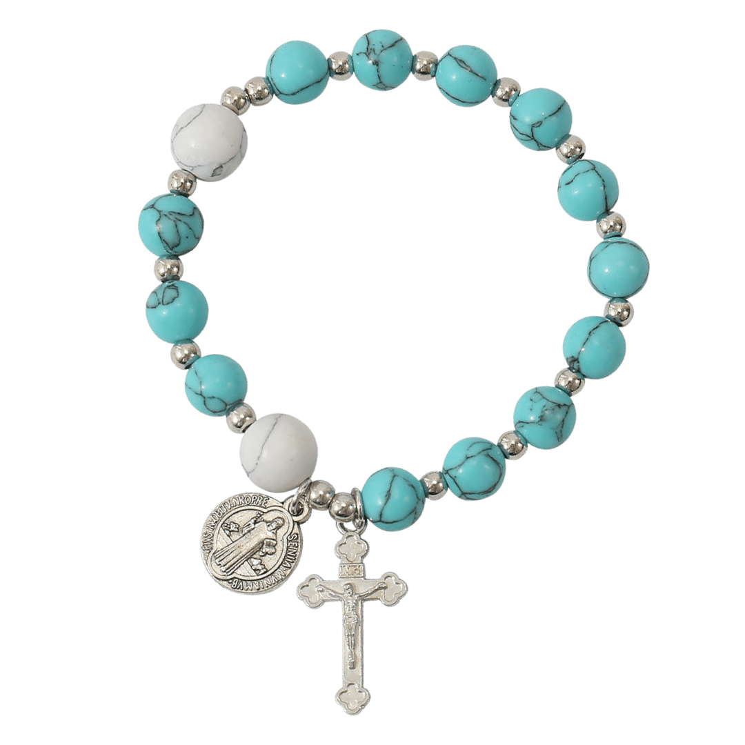 Saint Benedict Turquoise Bead Rosary Bracelet - JMJ Catholic Productsvariant