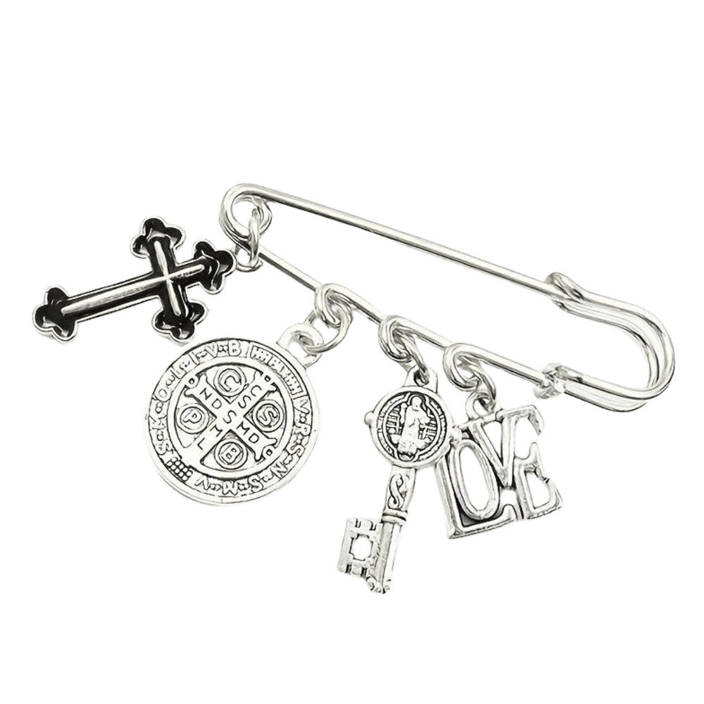 Silver & Black Enamel Crucifix and Saint Benedict Protection Brooch Pin - JMJ Catholic Productsvariant