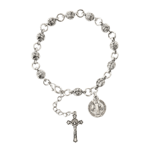 Silver plated beaded decade rosary bracelet, adjustable