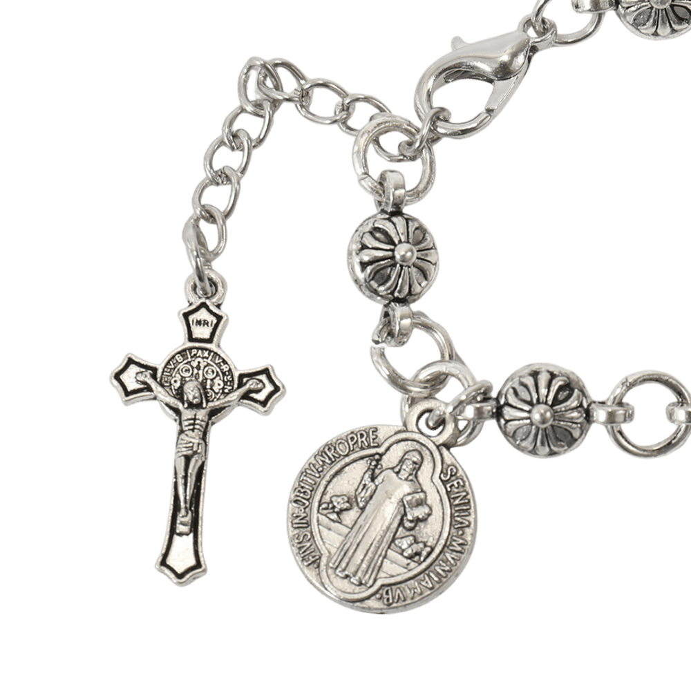 Silver Plated Beaded Decade Rosary Bracelet with Crucifix – Adjustable - JMJ Catholic Productsvariant