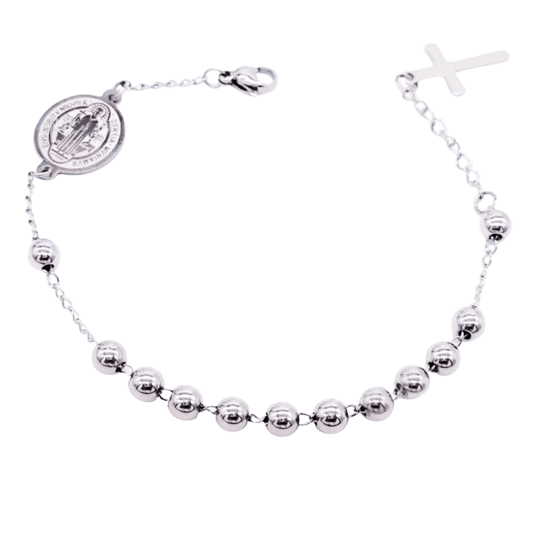 Silver Plated St. Benedict Decade Rosary Bracelet with Crucifix Charm, Symbol of Faith & Protection