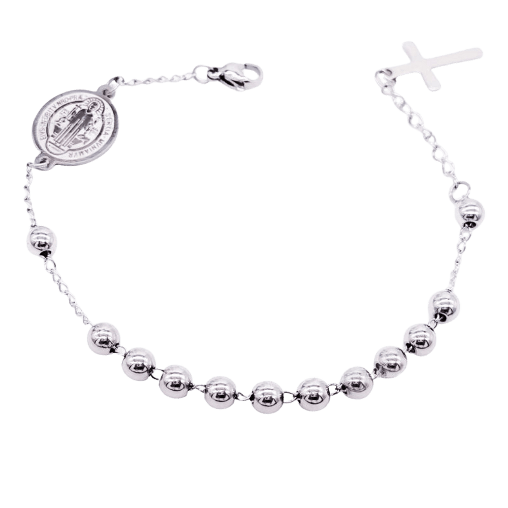 Silver Plated St. Benedict Decade Rosary Bracelet with Crucifix Charm, Symbol of Faith & Protection - JMJ Catholic Productsvariant