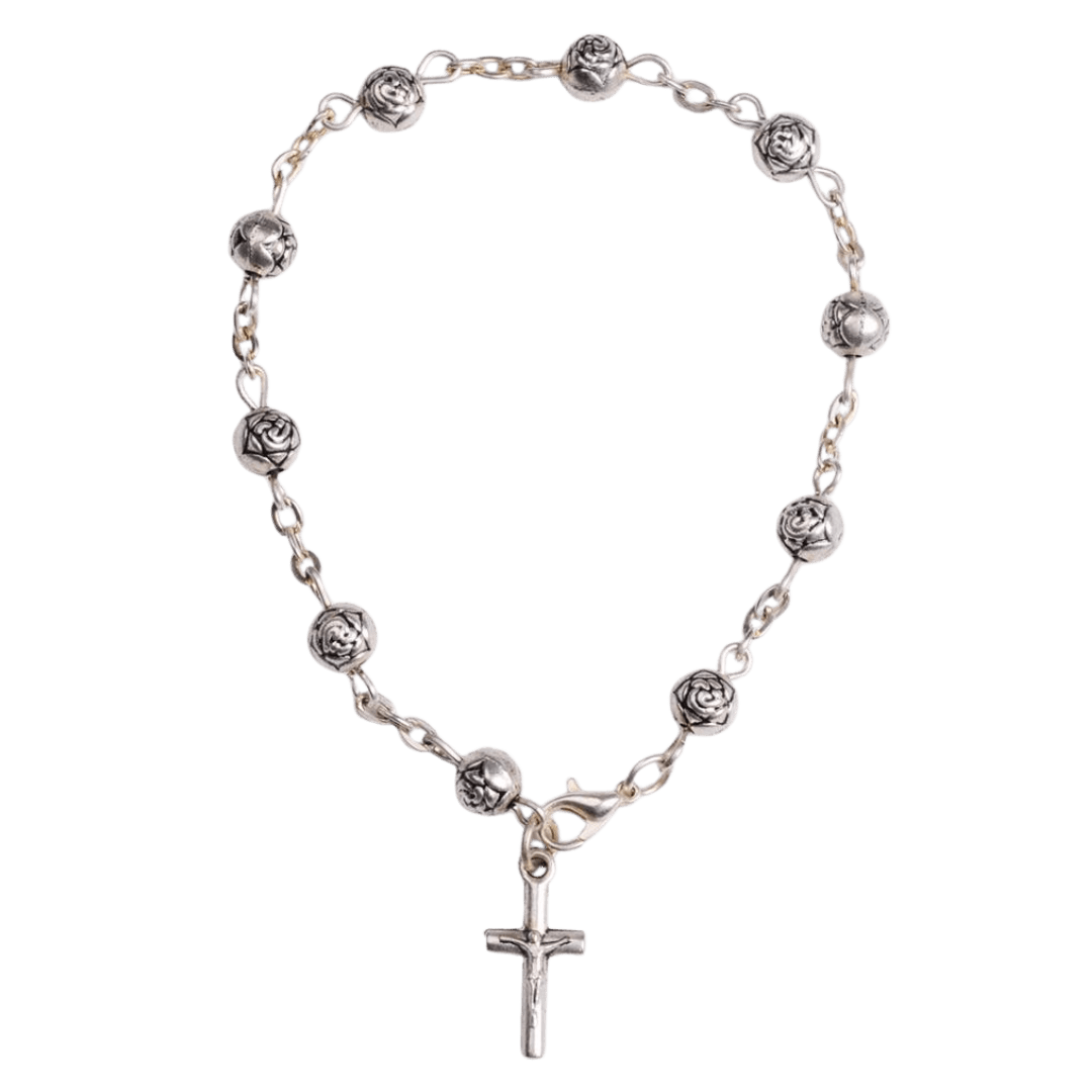 Silver Rose Bead One Decade Rosary Bracelet