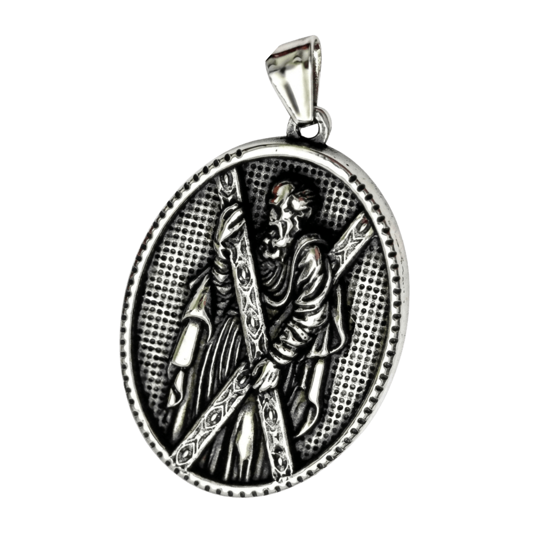 St. Andrew Crucifix Pendant Medal Necklace — Silver Stainless Steel