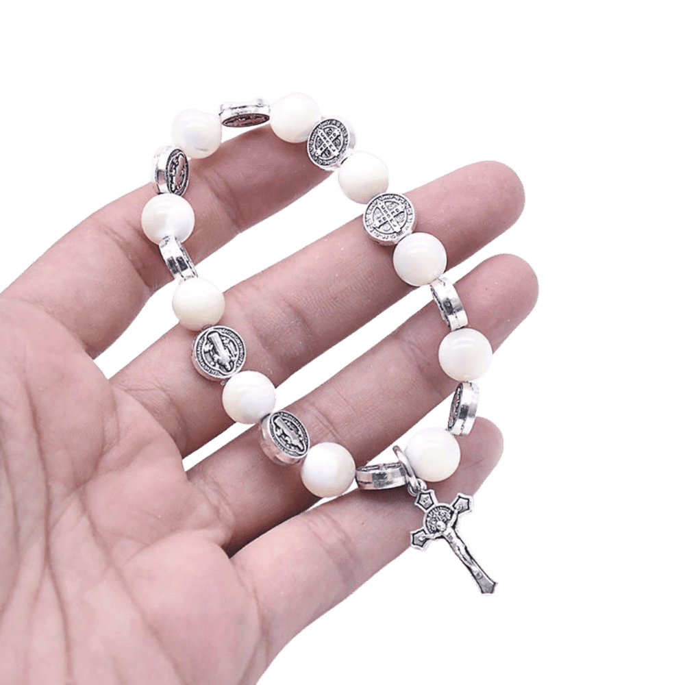 St. Benedict Devotional Rosary Bracelet – White Beads with Crucifix Charm - JMJ Catholic Productsvariant