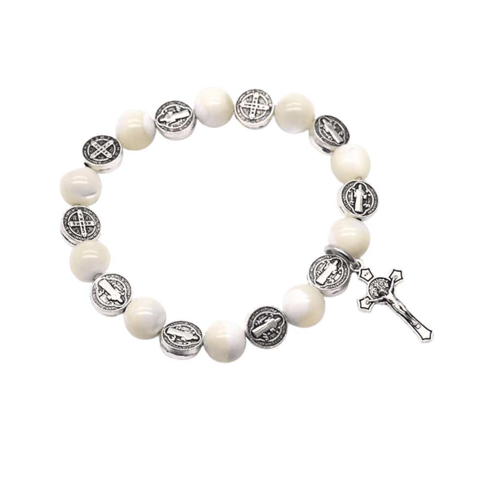 St. Benedict Devotional Rosary Bracelet – White Beads with Crucifix Charm - JMJ Catholic Productsvariant