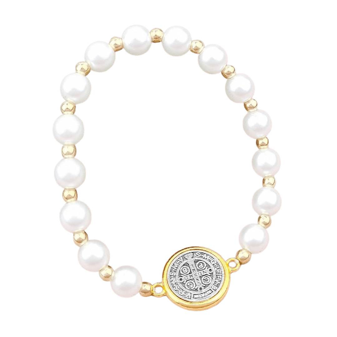 St. Benedict Medal Pearl Stretch Rosary Bracelet - JMJ Catholic Productsvariant