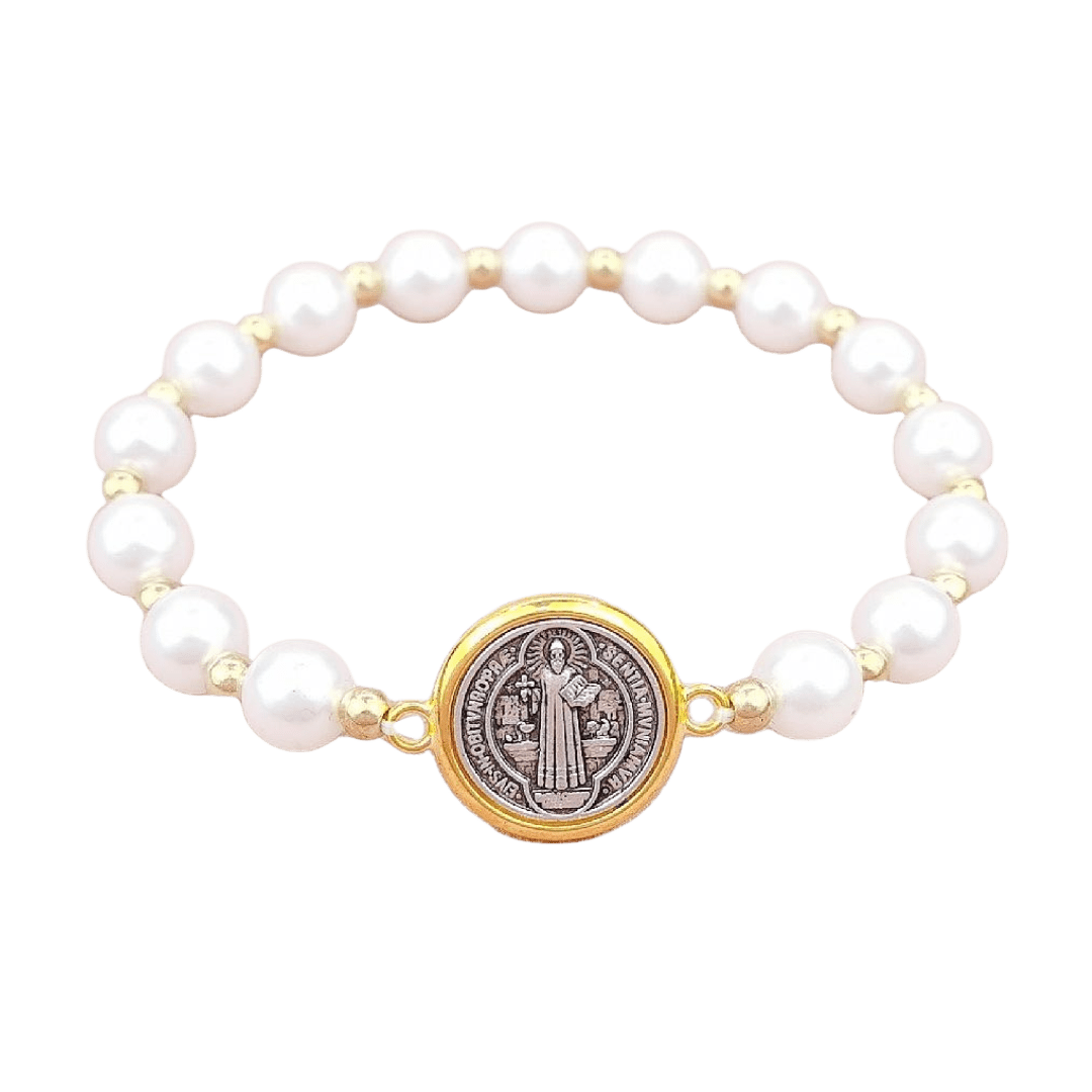 St. Benedict  Medal Pearl Stretch Rosary Bracelet