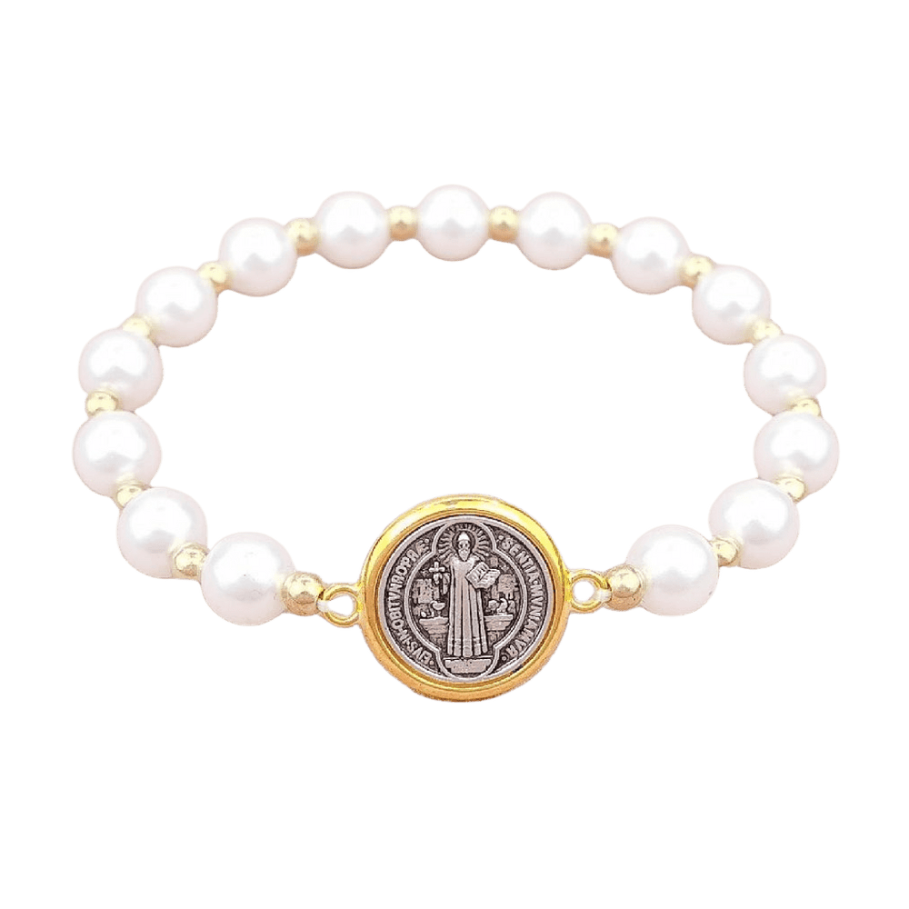 St. Benedict Medal Pearl Stretch Rosary Bracelet - JMJ Catholic Productsvariant
