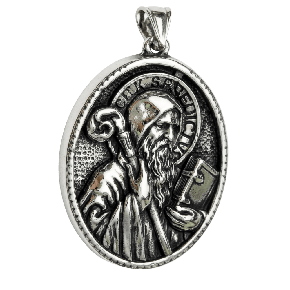 St. Benedict Pendant Medal Necklace with Chain — Silver Stainless Steel - JMJ Catholic Productsvariant
