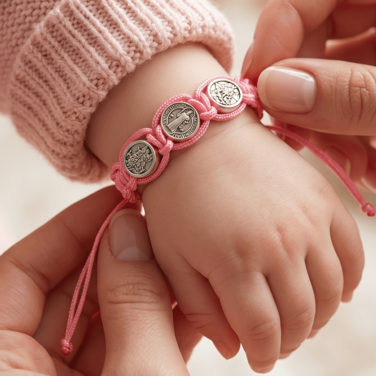 St. Benedict Pink Cord Baby Bracelet - Pink - JMJ Catholic Productsvariant