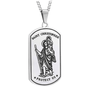 St Christopher stainless steel necklace, rectangular pendant