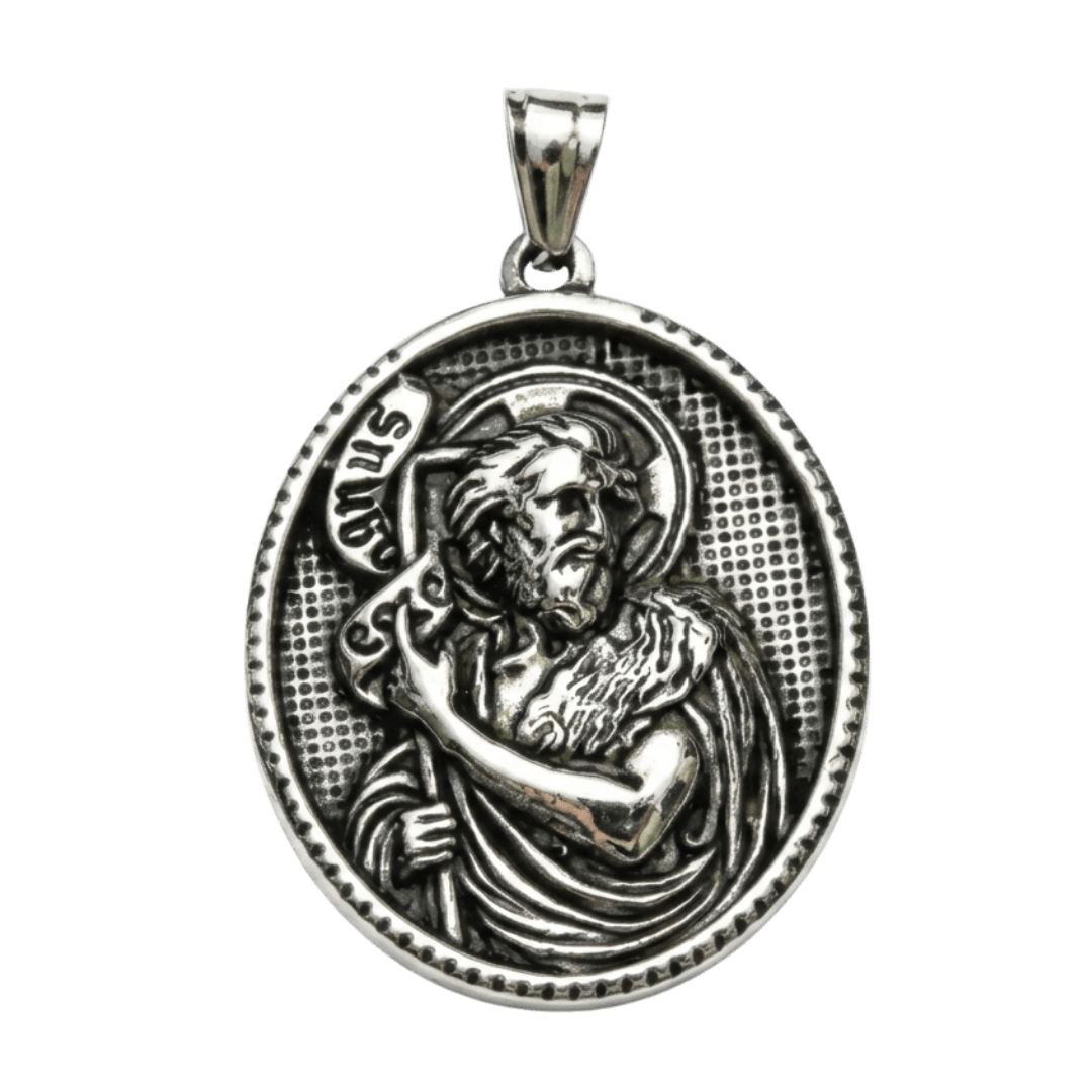 St. John the Baptist Medal Pendant Necklace — Silver Stainless Steel