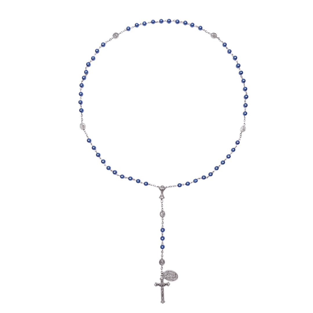 St Michael Blue Pearl Rosary with Crucifix – 6mm Beads - JMJ Catholic Productsvariant