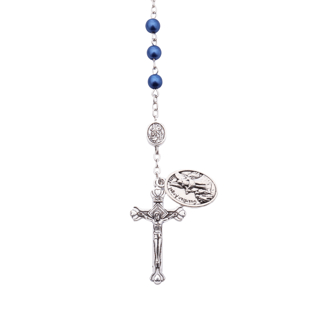 St Michael Blue Pearl Rosary with Crucifix – 6mm Beads - JMJ Catholic Productsvariant