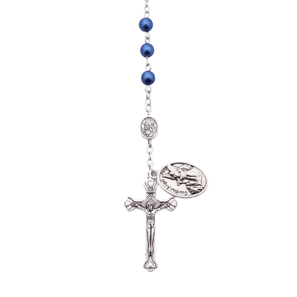 St Michael Blue Pearl Rosary with Crucifix – 6mm Beads - JMJ Catholic Productsvariant