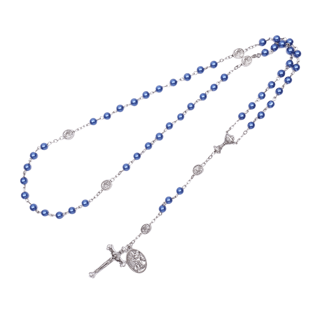 St Michael Blue Pearl Rosary with Crucifix – 6mm Beads - JMJ Catholic Productsvariant