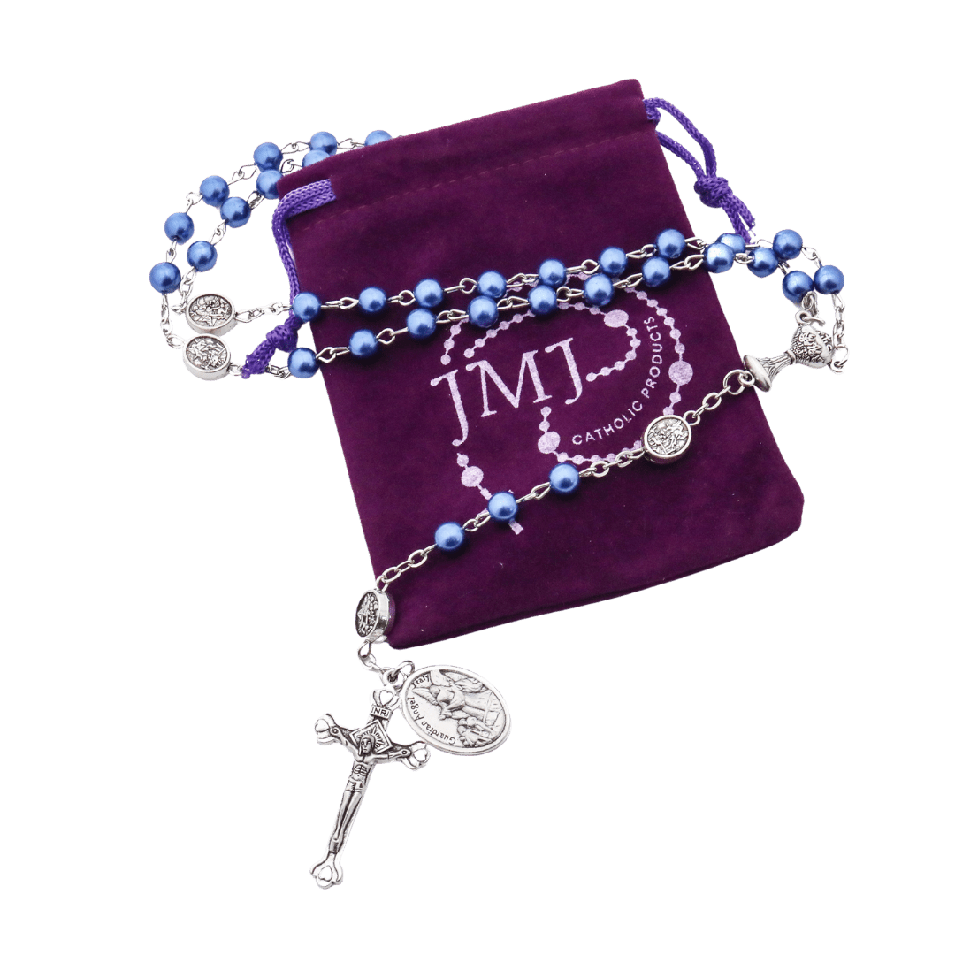 St Michael Blue Pearl Rosary with Crucifix – 6mm Beads - JMJ Catholic Productsvariant