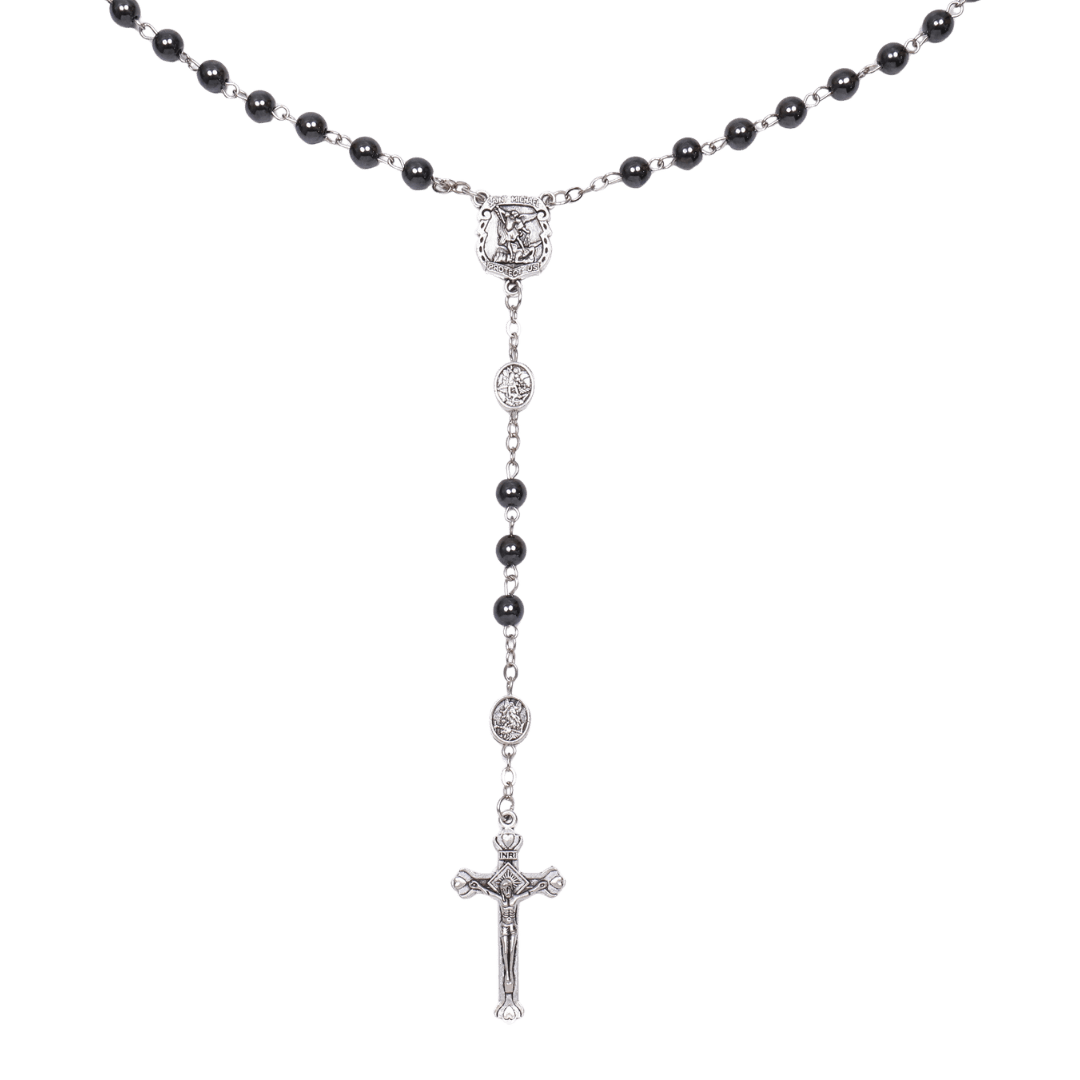 St Michael Hematite Rosary with Crucifix – 6 mm Beads - JMJ Catholic Productsvariant