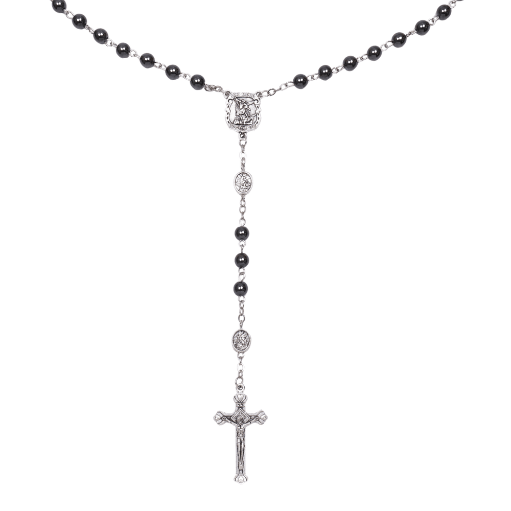 St Michael Hematite Rosary with Crucifix – 6 mm Beads - JMJ Catholic Productsvariant