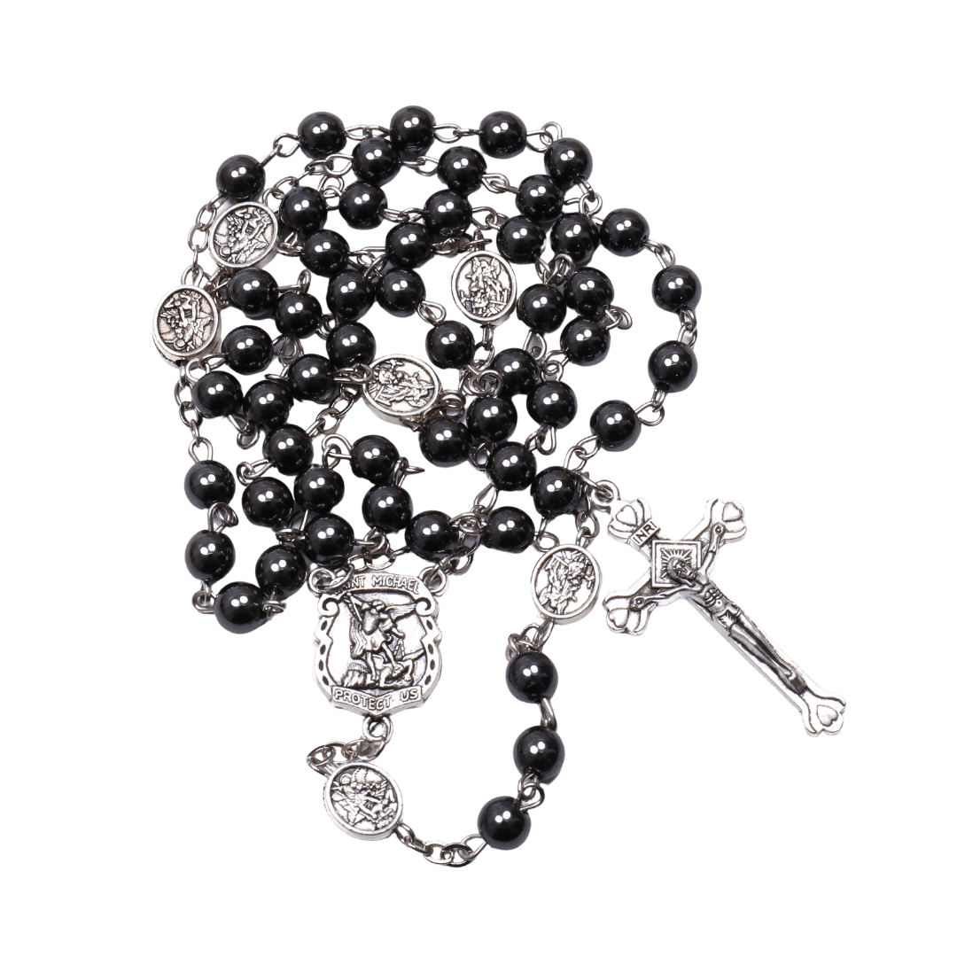 St Michael Hematite Rosary with Crucifix – 6 mm Beads