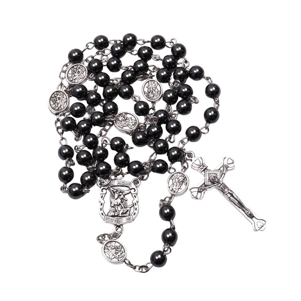 St Michael Hematite Rosary with Crucifix – 6 mm Beads - JMJ Catholic Productsvariant