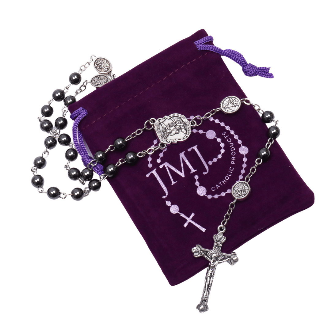 St Michael Hematite Rosary with Crucifix – 6 mm Beads - JMJ Catholic Productsvariant