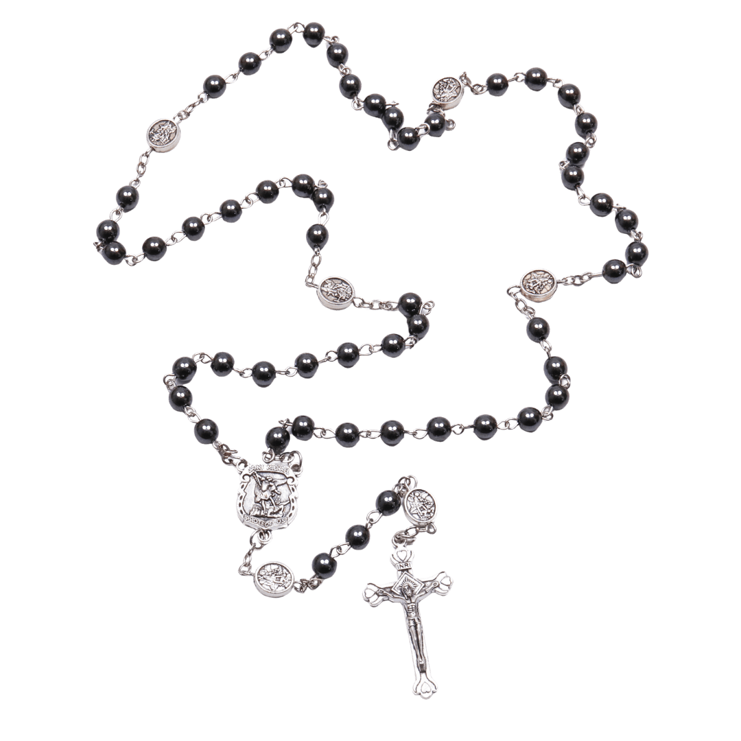 St Michael Hematite Rosary with Crucifix – 6 mm Beads - JMJ Catholic Productsvariant