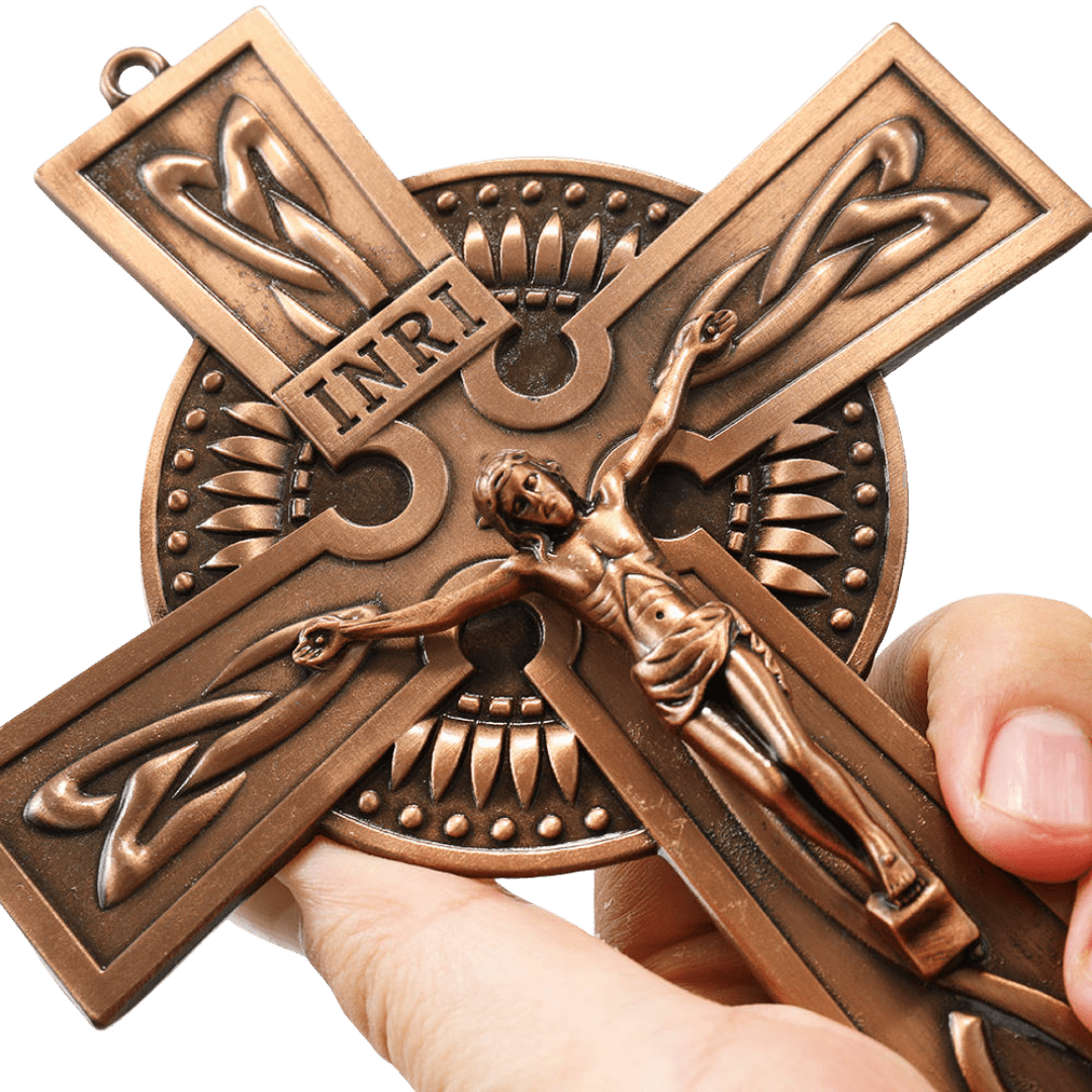Standing Crucifix Ornament with Base — Red Copper, Antique Silver or Bronze Finish - JMJ Catholic Productsvariant