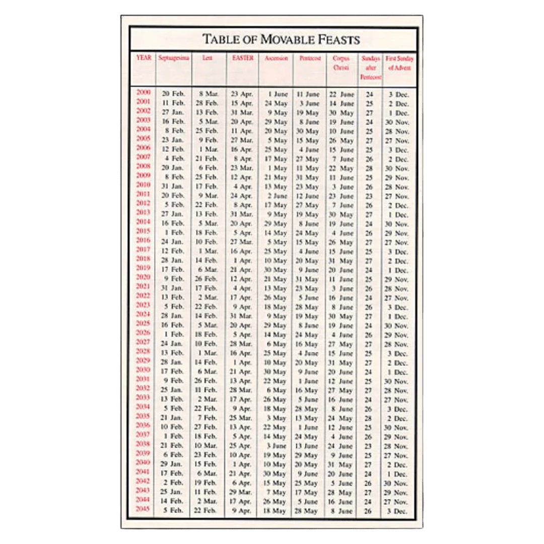 Table of Movable Feasts - JMJ Catholic Productsvariant