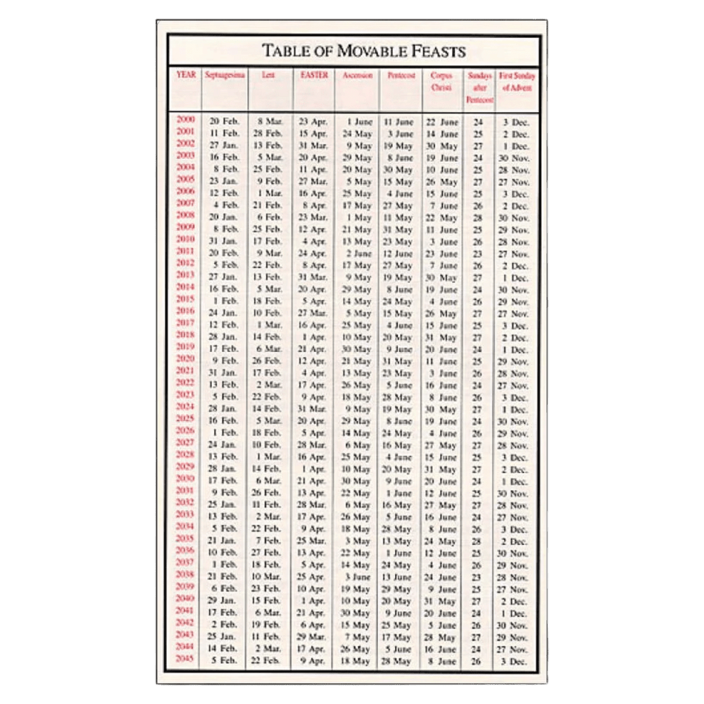 Table of Movable Feasts - JMJ Catholic Productsvariant
