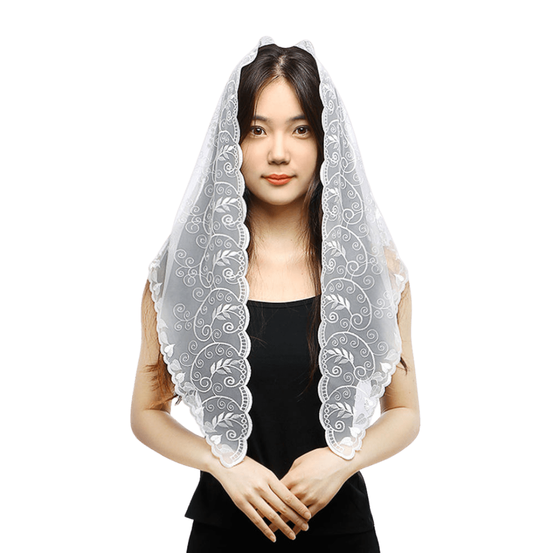 Vine and Floral Embroidered Lace Mantilla Veil — Black or White - JMJ Catholic Productsvariant