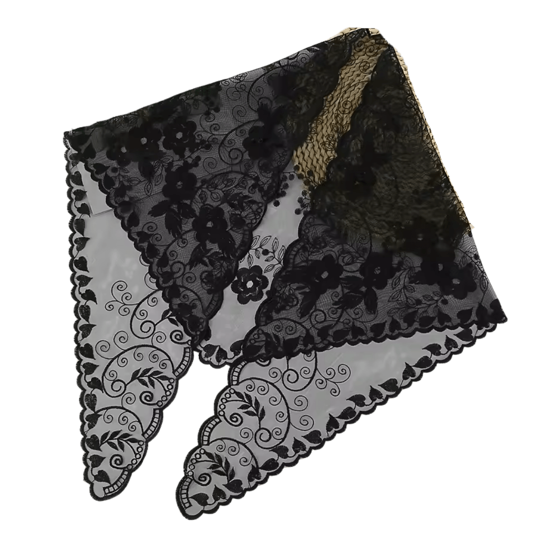 Vine and Floral Embroidered Lace Mantilla Veil — Black or White