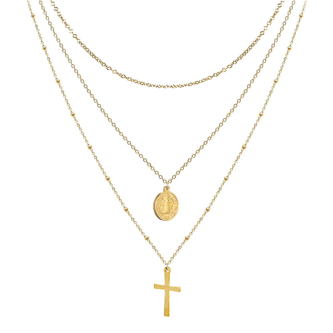 Virgin Mary & Crucifix Necklace - Stainless Steel with 18K Gold-Plating (3 Layered Necklace) - JMJ Catholic Productsvariant