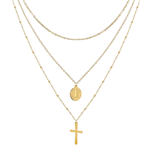 Three-layer Virgin Mary and crucifix necklace, gold plated