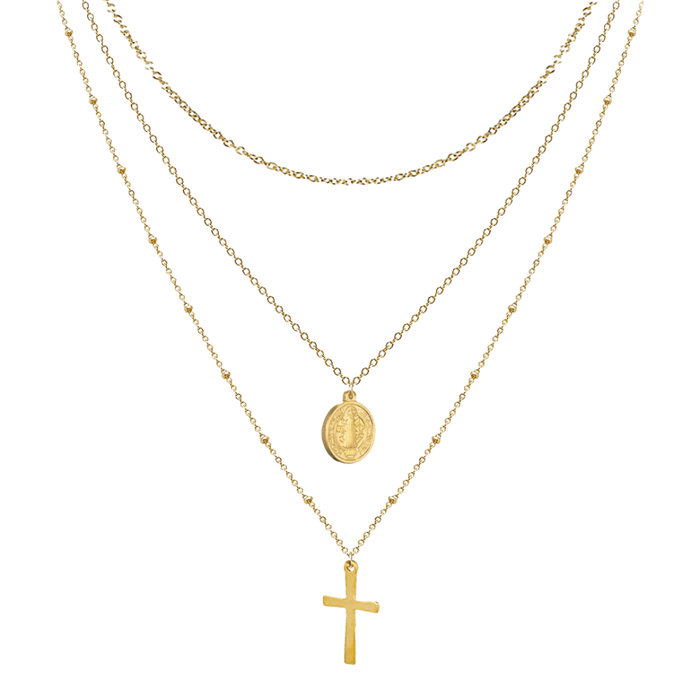 Virgin Mary & Crucifix Necklace - Stainless Steel with 18K Gold-Plating (3 Layered Necklace) - JMJ Catholic Productsvariant