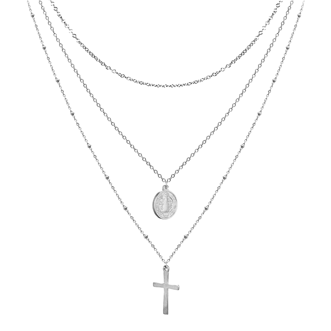 Virgin Mary & Crucifix Necklace - Stainless Steel with Silver-Plating (3 Layered Necklace) - JMJ Catholic Productsvariant