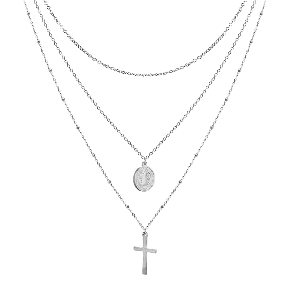 Virgin Mary & Crucifix Necklace - Stainless Steel with Silver-Plating (3 Layered Necklace) - JMJ Catholic Productsvariant
