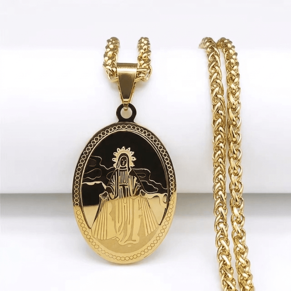 Virgin Mary Oval Pendant Necklace — 18K Gold Plated Stainless Steel - JMJ Catholic Productsvariant
