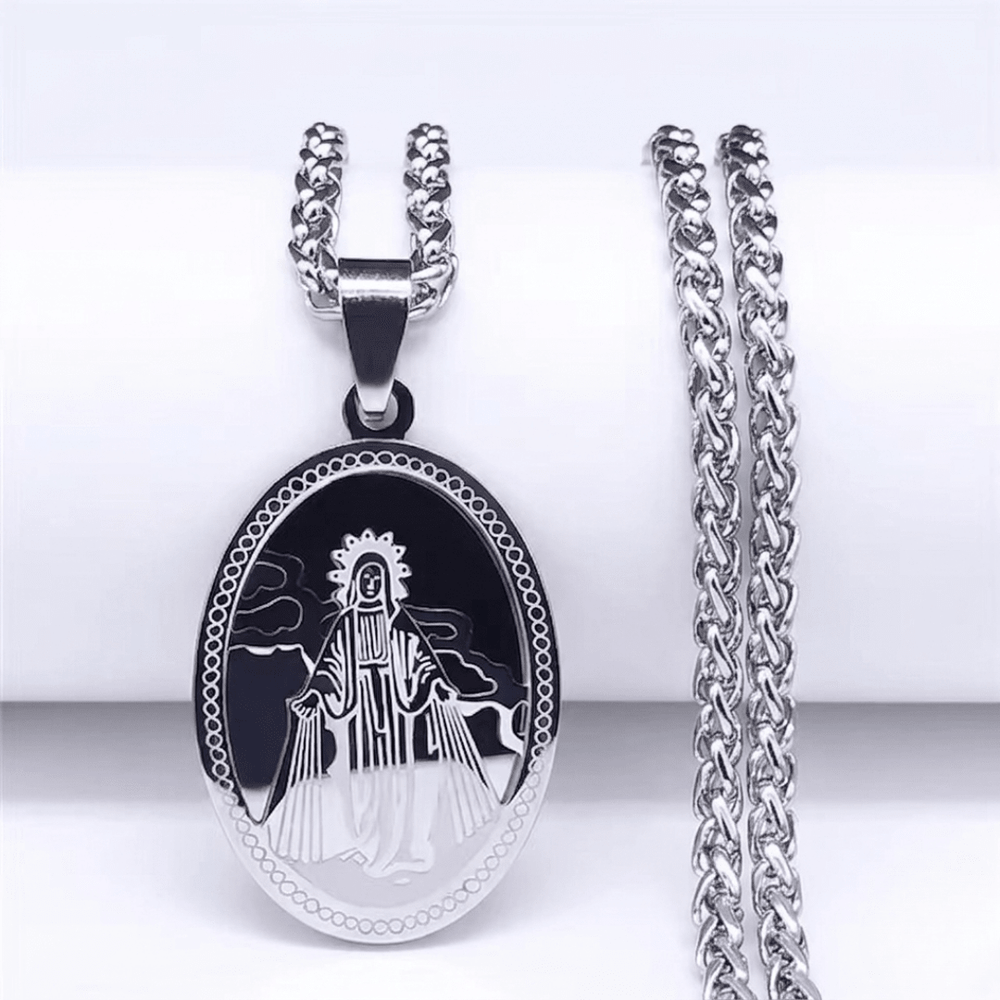 Virgin Mary Oval Pendant Necklace — Silver Stainless Steel - JMJ Catholic Productsvariant