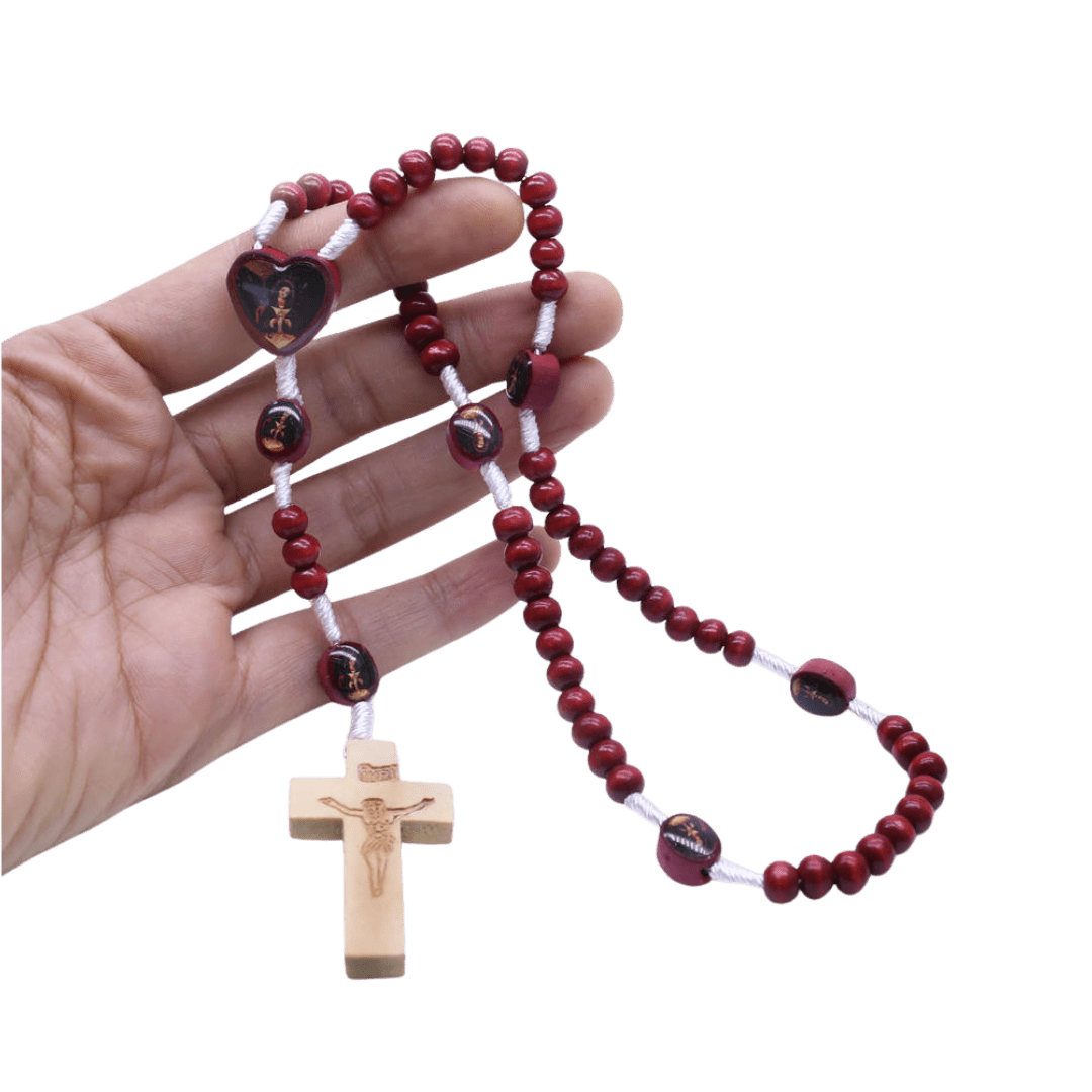 Virgin Mary Rosary Red Wooden Beaded